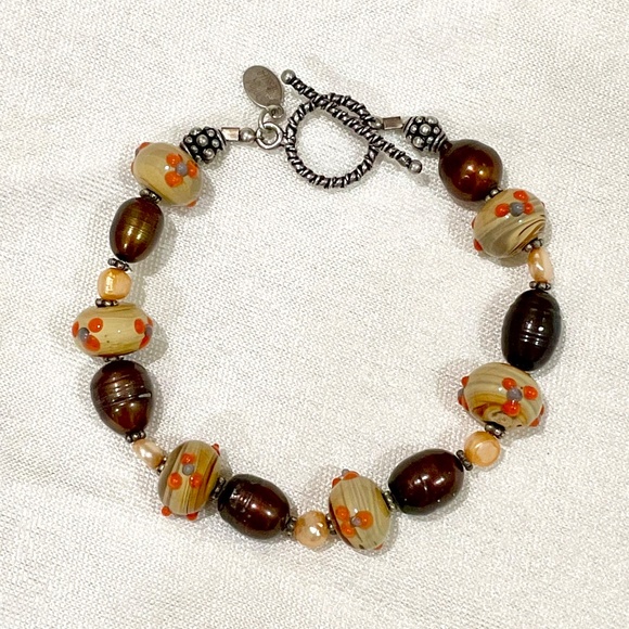 Donna Dressler Sterling Silver Wedding Cake Glass Bead Pearl Bracelet SIGNED - Picture 5 of 10